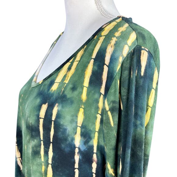 Ninedaily Top Women Sz XXL Green Yellow Rayon Stretch Asymetric Boho Artsy Tunic - Picture 2 of 11